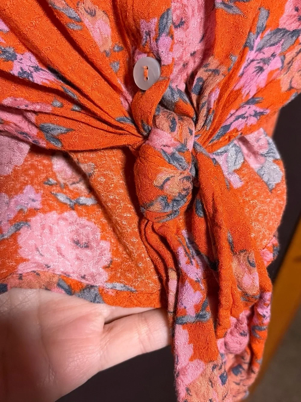 Free People Orange Floral Tie-Front Puff Sleeve Top